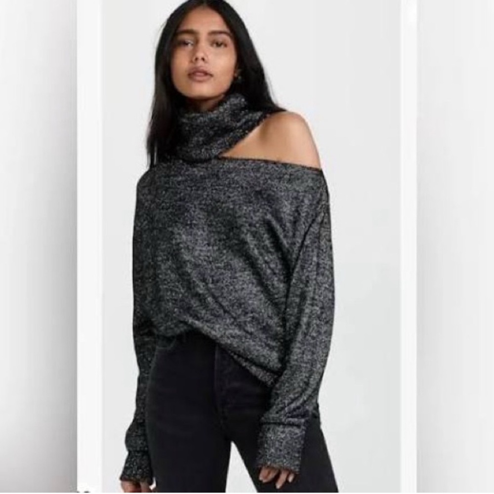 PAIGE Off-Shoulder Black/Silver Knit Sweater – Size S